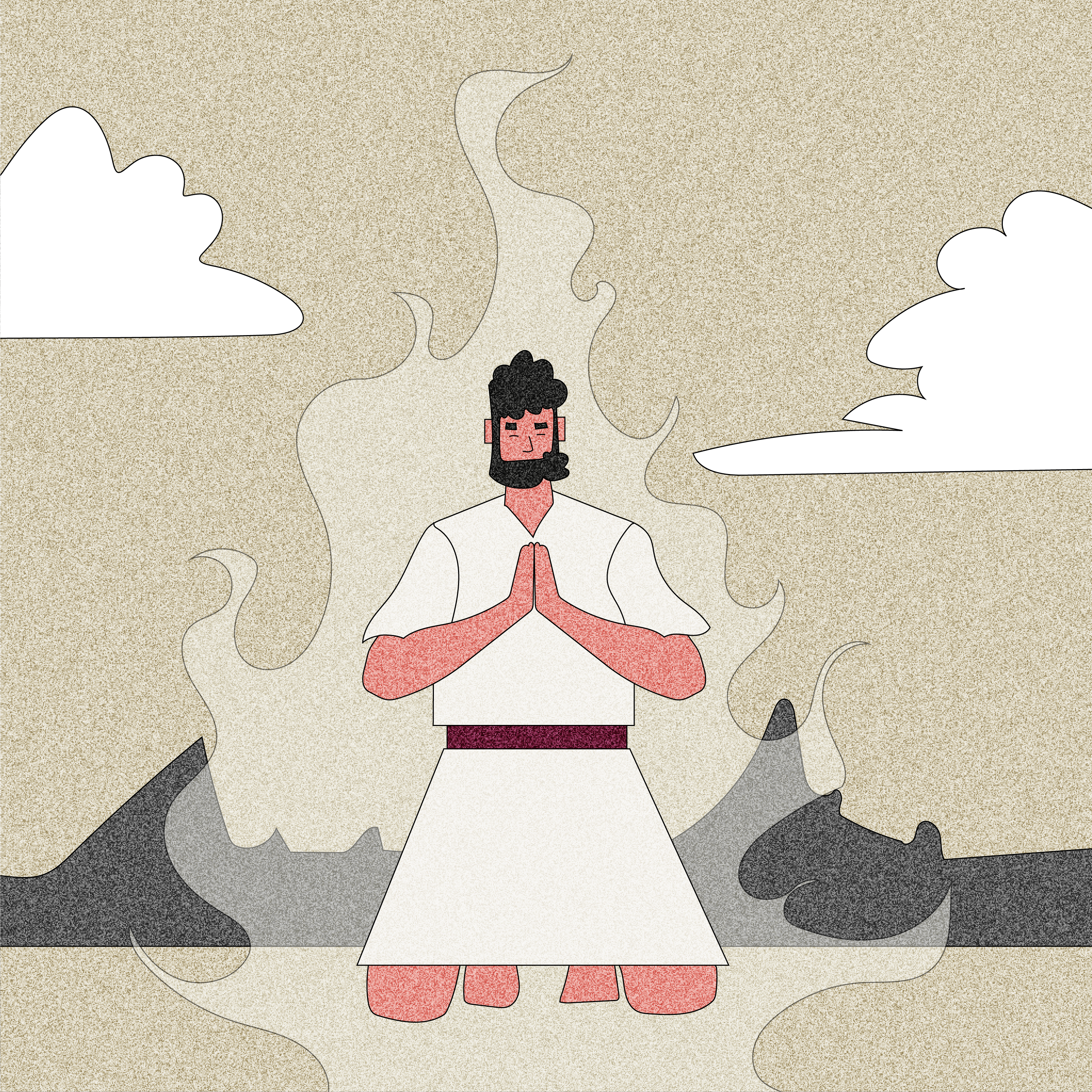 Man praying with flame backdrop