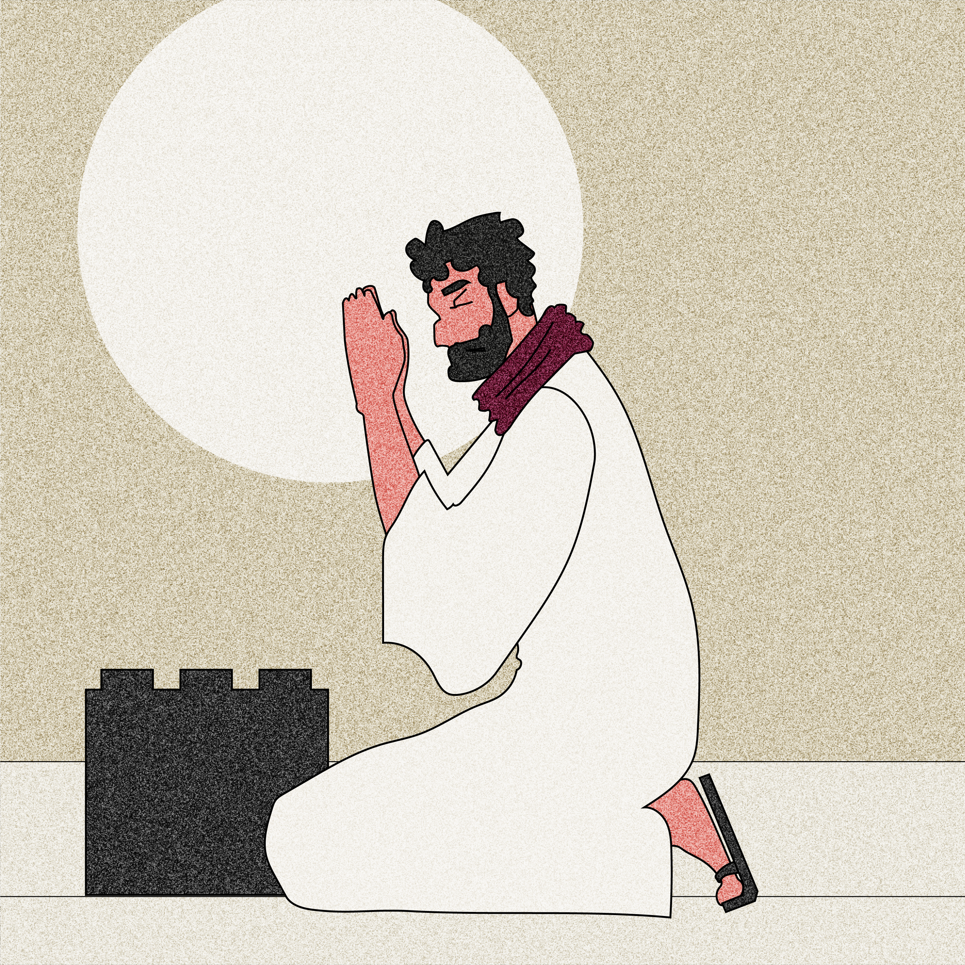 Person kneeling in prayer beside castle wall